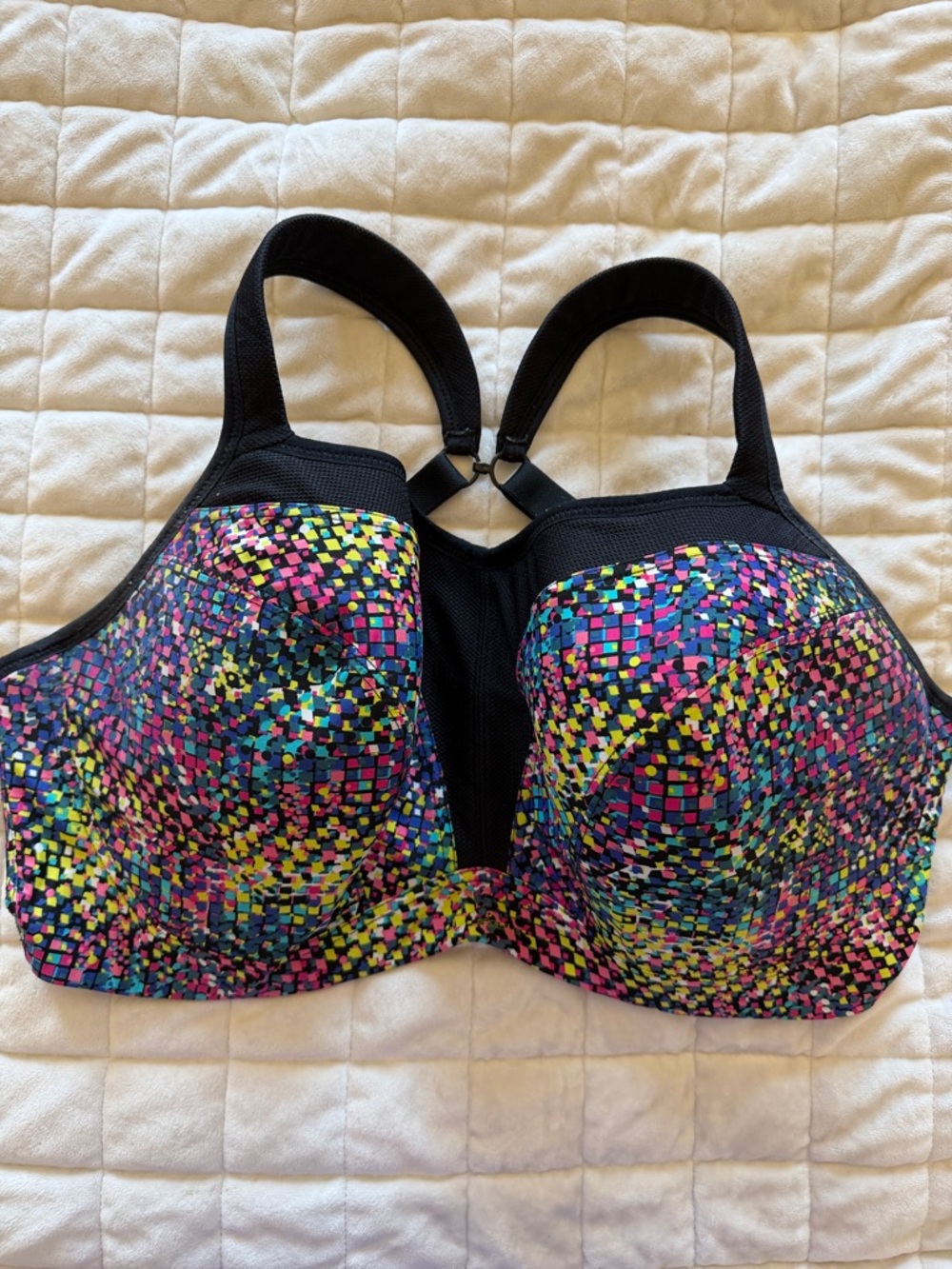Panache Multicolor Mosaic Sports Bra with Black Straps and J- hook 38FF